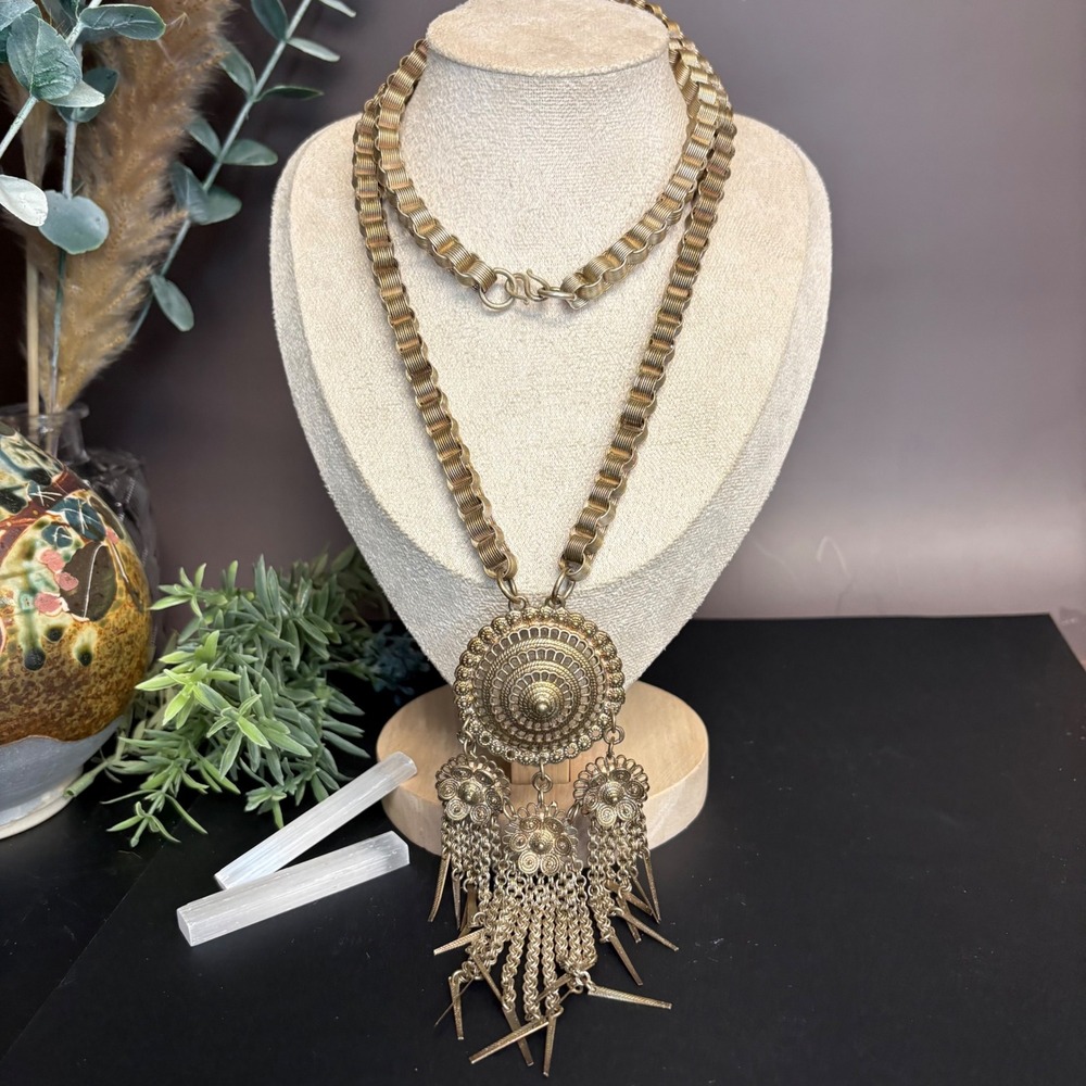 Ornate Tribal Statement Necklace | Fringe Pendant | Ethnic Ritual Boho